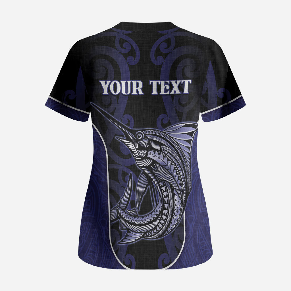 Personalised New Zealand Aotearoa Scrub Top Blue Marlin Fishing Maori Pattern