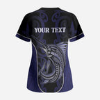 Personalised New Zealand Aotearoa Scrub Top Blue Marlin Fishing Maori Pattern