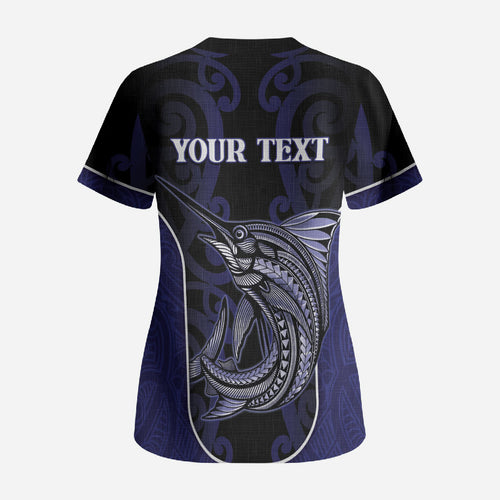 Personalised New Zealand Aotearoa Scrub Top Blue Marlin Fishing Maori Pattern