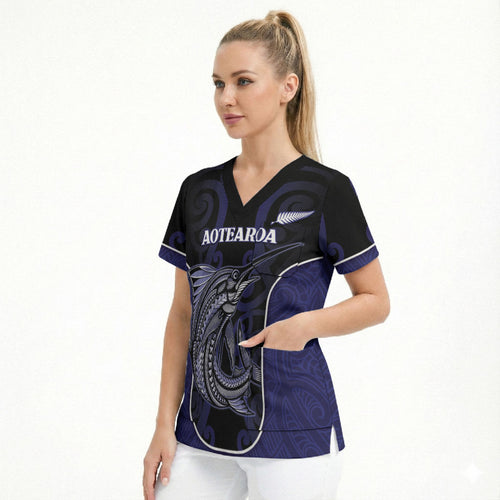 Personalised New Zealand Aotearoa Scrub Top Blue Marlin Fishing Maori Pattern