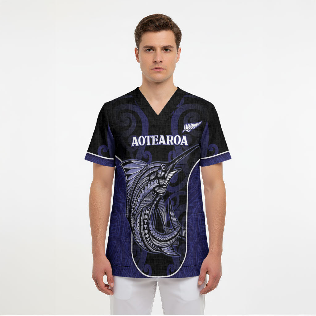 Personalised New Zealand Aotearoa Scrub Top Blue Marlin Fishing Maori Pattern