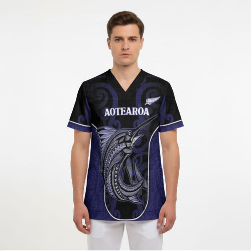 Personalised New Zealand Aotearoa Scrub Top Blue Marlin Fishing Maori Pattern