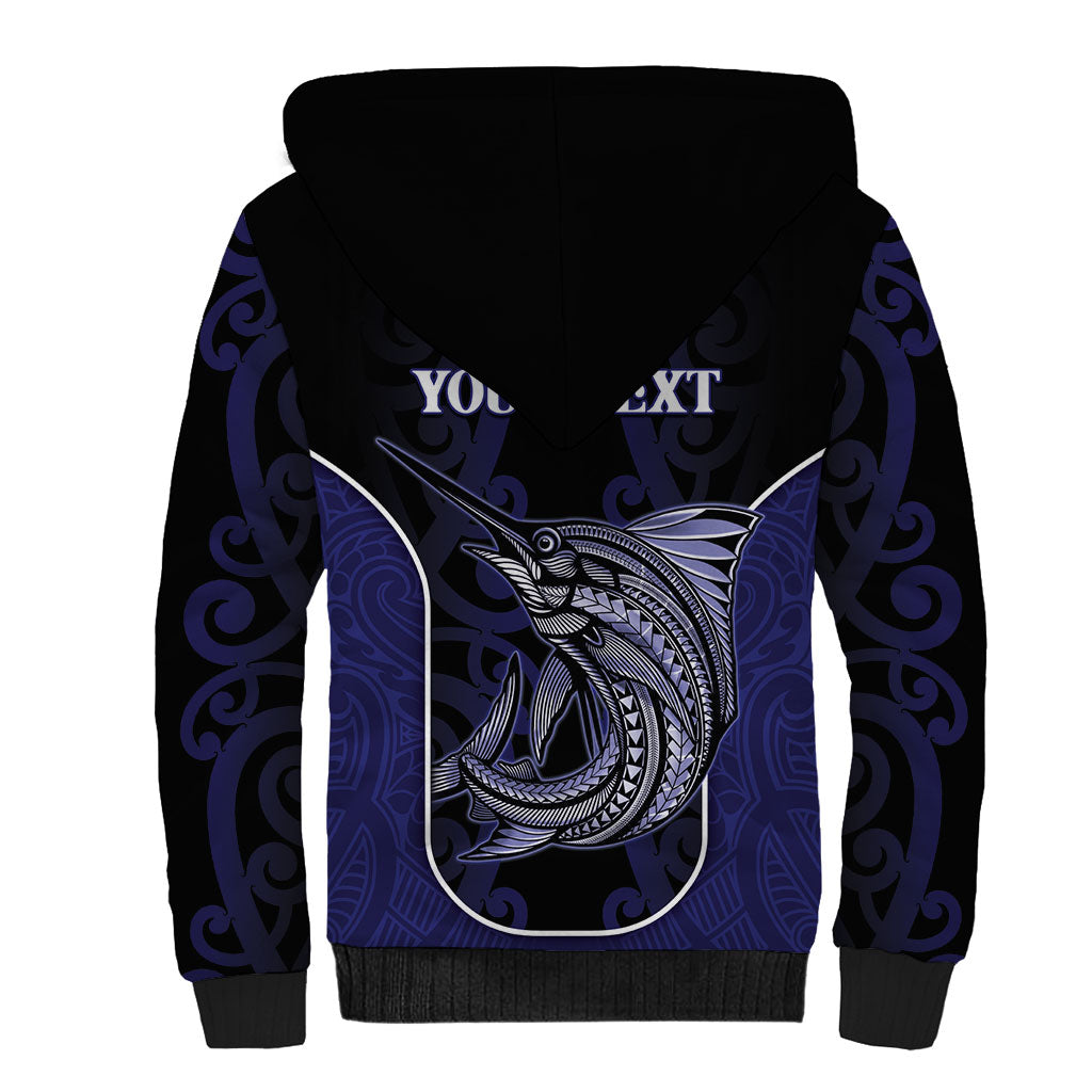 Personalised New Zealand Aotearoa Sherpa Hoodie Blue Marlin Fishing Maori Pattern