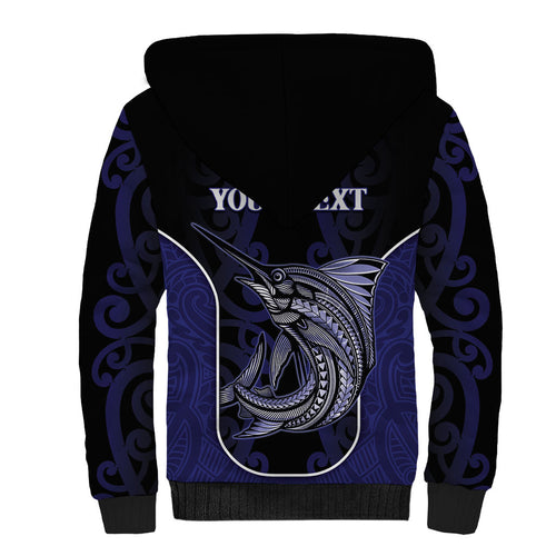 Personalised New Zealand Aotearoa Sherpa Hoodie Blue Marlin Fishing Maori Pattern