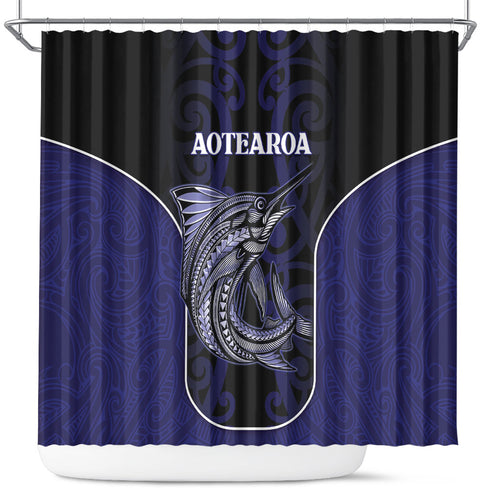 New Zealand Aotearoa Shower Curtain Blue Marlin Fishing Maori Pattern