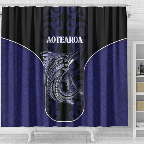 New Zealand Aotearoa Shower Curtain Blue Marlin Fishing Maori Pattern