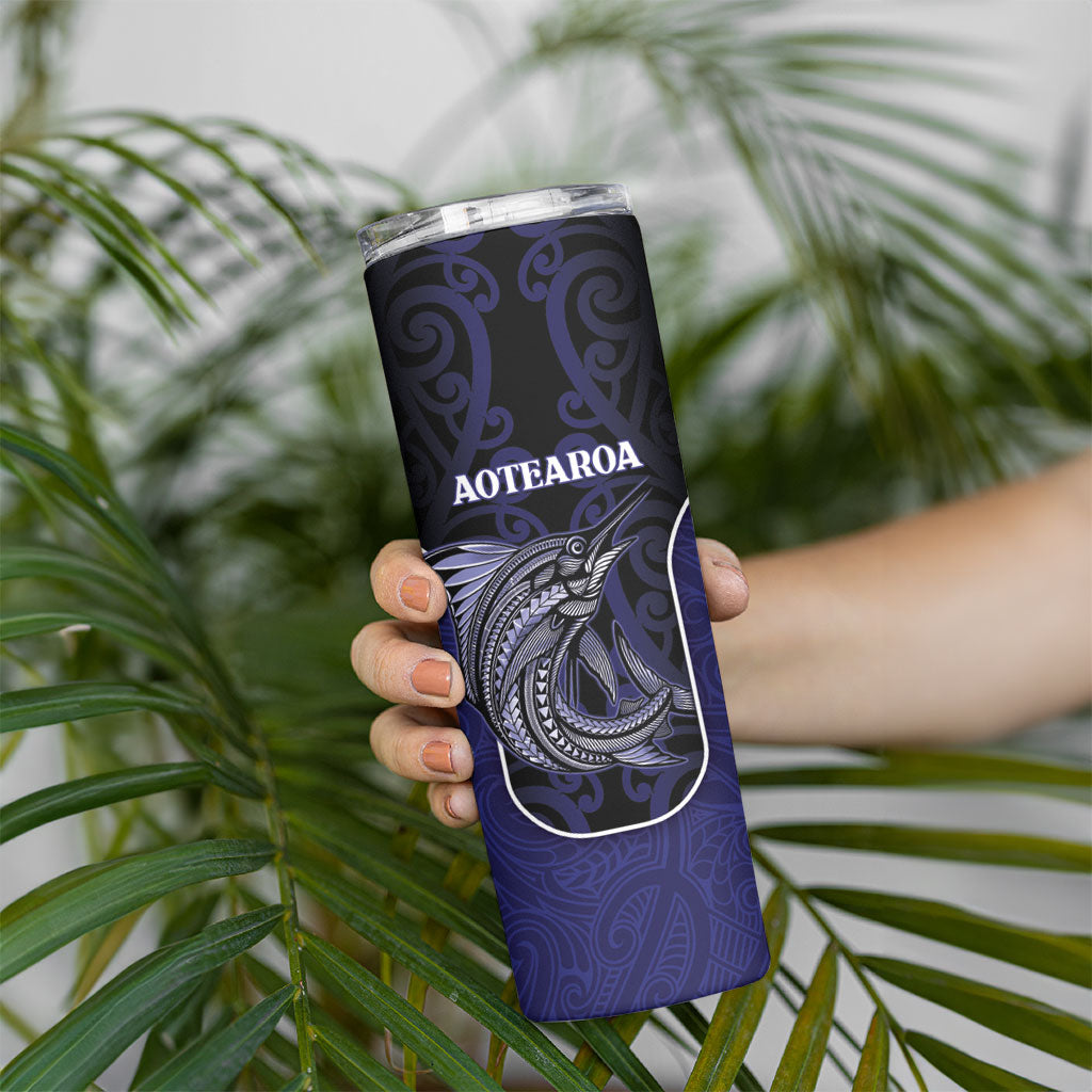 Personalised New Zealand Aotearoa Skinny Tumbler Blue Marlin Fishing Maori Pattern