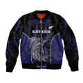 Personalised New Zealand Aotearoa Sleeve Zip Bomber Jacket Blue Marlin Fishing Maori Pattern