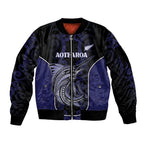 Personalised New Zealand Aotearoa Sleeve Zip Bomber Jacket Blue Marlin Fishing Maori Pattern