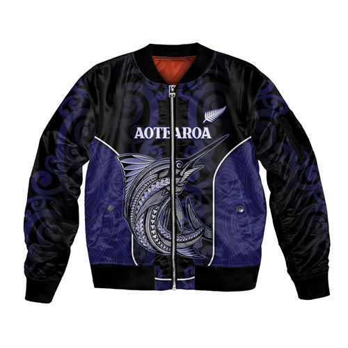 Personalised New Zealand Aotearoa Sleeve Zip Bomber Jacket Blue Marlin Fishing Maori Pattern