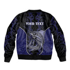 Personalised New Zealand Aotearoa Sleeve Zip Bomber Jacket Blue Marlin Fishing Maori Pattern