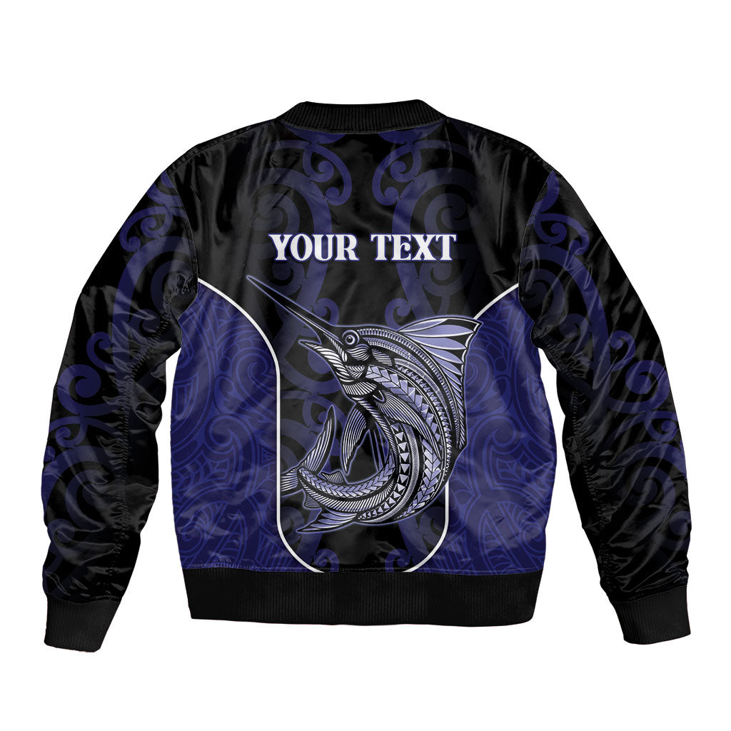 Personalised New Zealand Aotearoa Sleeve Zip Bomber Jacket Blue Marlin Fishing Maori Pattern