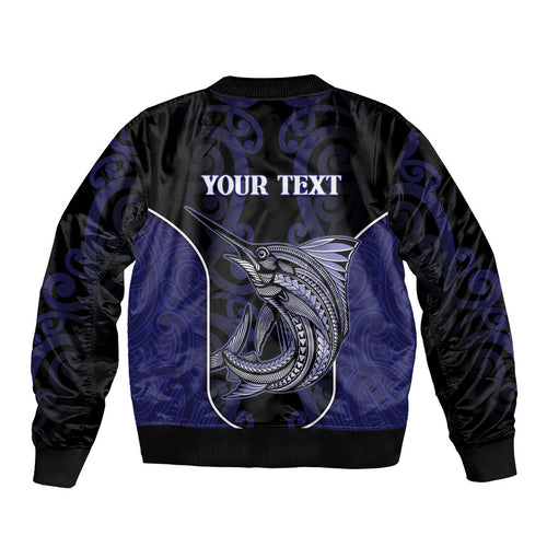 Personalised New Zealand Aotearoa Sleeve Zip Bomber Jacket Blue Marlin Fishing Maori Pattern