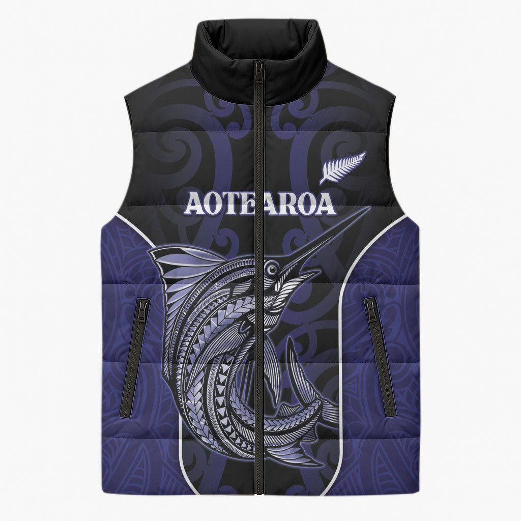 Personalised New Zealand Aotearoa Sleeveless Puffer Jacket Blue Marlin Fishing Maori Pattern