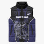 Personalised New Zealand Aotearoa Sleeveless Puffer Jacket Blue Marlin Fishing Maori Pattern