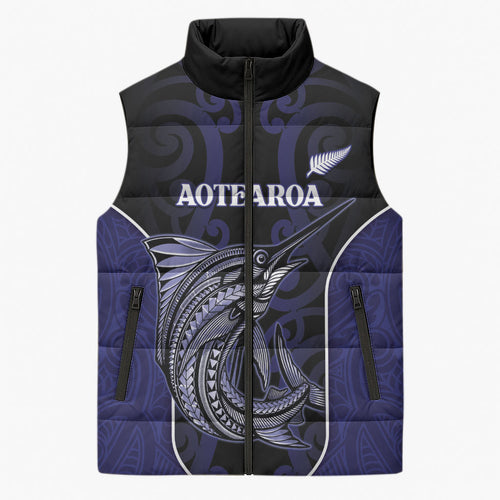 Personalised New Zealand Aotearoa Sleeveless Puffer Jacket Blue Marlin Fishing Maori Pattern