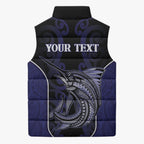 Personalised New Zealand Aotearoa Sleeveless Puffer Jacket Blue Marlin Fishing Maori Pattern
