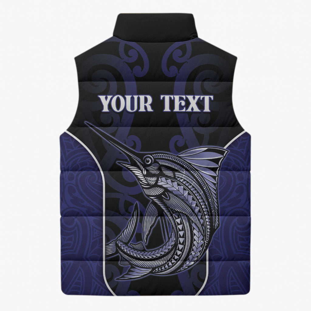 Personalised New Zealand Aotearoa Sleeveless Puffer Jacket Blue Marlin Fishing Maori Pattern