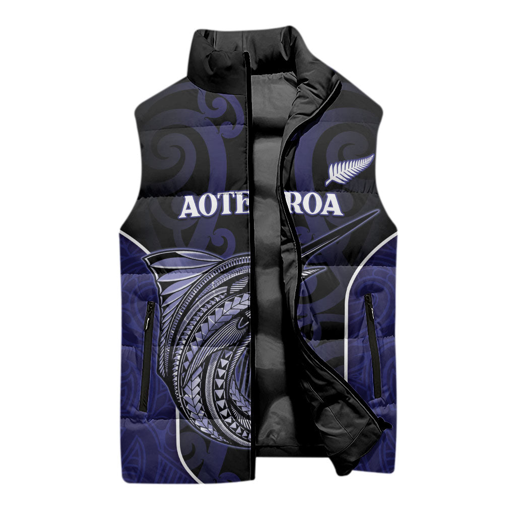 Personalised New Zealand Aotearoa Sleeveless Puffer Jacket Blue Marlin Fishing Maori Pattern