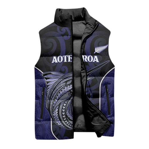 Personalised New Zealand Aotearoa Sleeveless Puffer Jacket Blue Marlin Fishing Maori Pattern