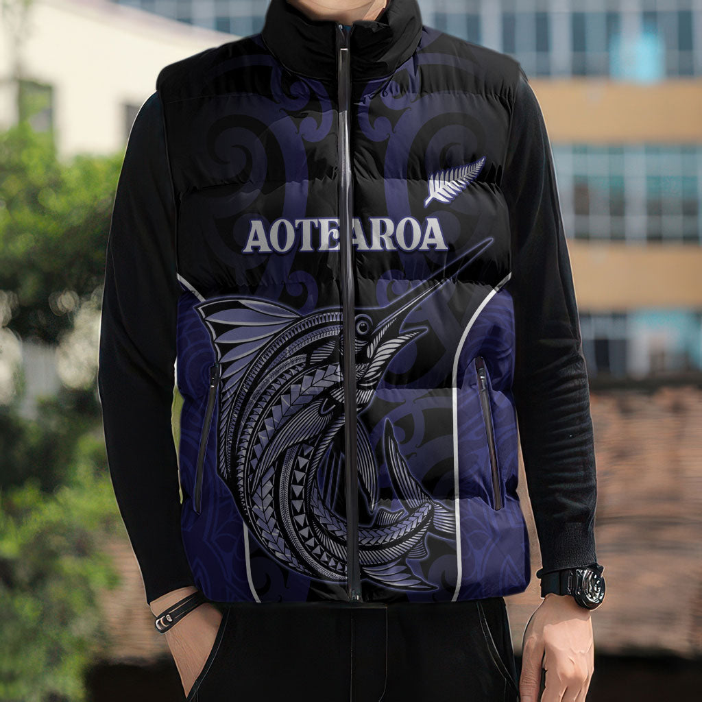 Personalised New Zealand Aotearoa Sleeveless Puffer Jacket Blue Marlin Fishing Maori Pattern