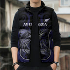 Personalised New Zealand Aotearoa Sleeveless Puffer Jacket Blue Marlin Fishing Maori Pattern