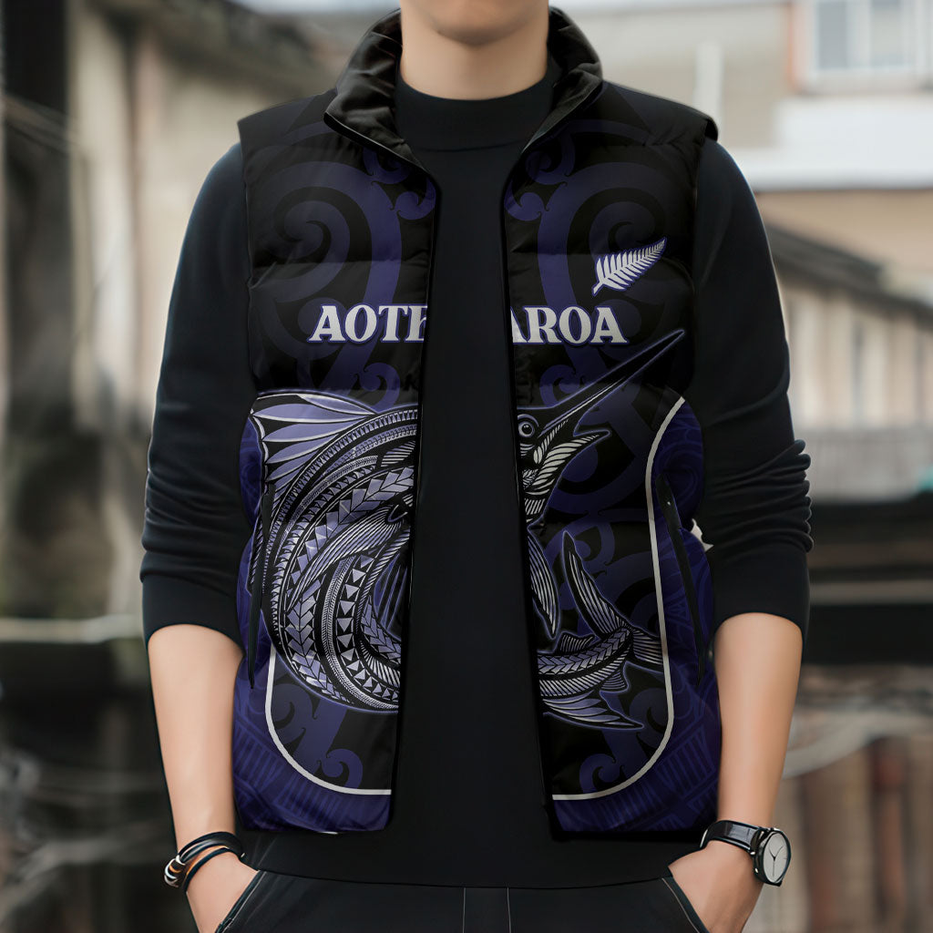 Personalised New Zealand Aotearoa Sleeveless Puffer Jacket Blue Marlin Fishing Maori Pattern