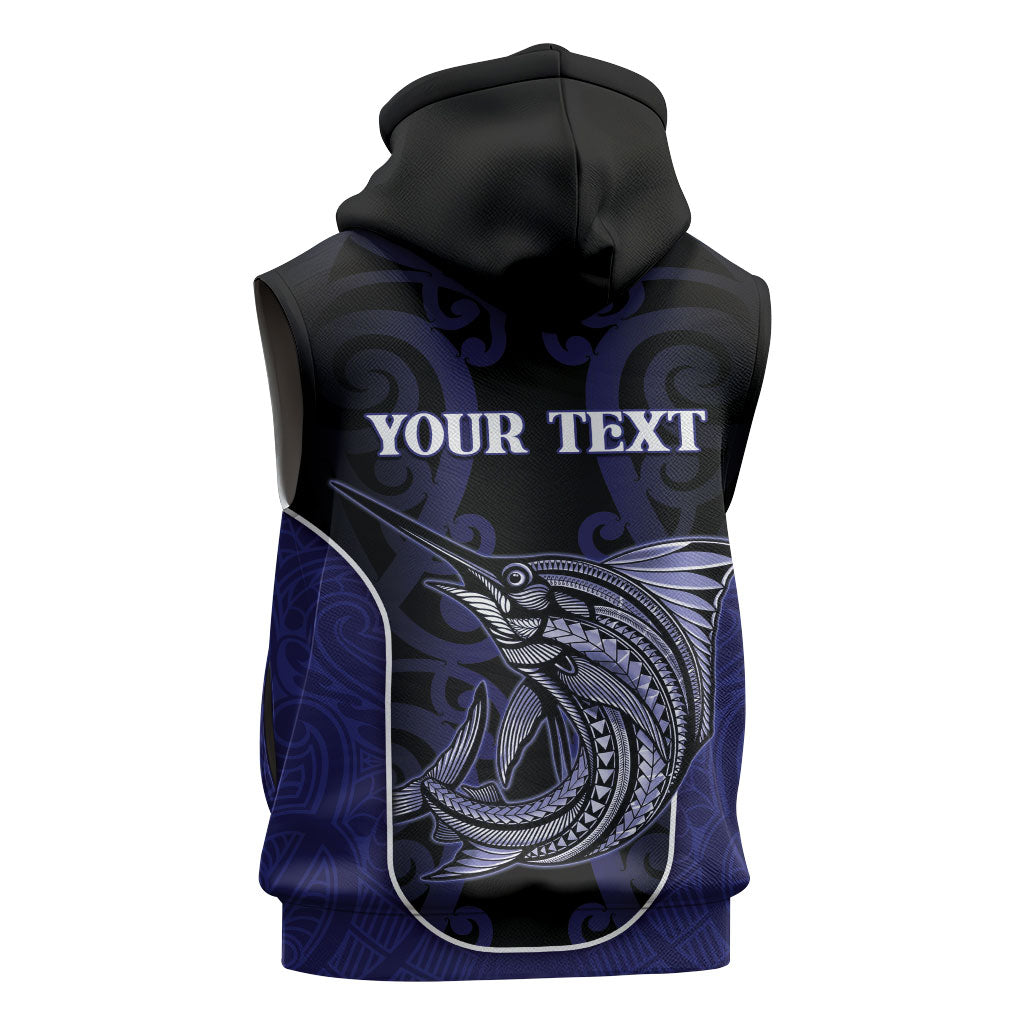 Personalised New Zealand Aotearoa Sleeveless Zip Hoodie Blue Marlin Fishing Maori Pattern