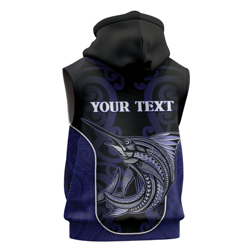 Personalised New Zealand Aotearoa Sleeveless Zip Hoodie Blue Marlin Fishing Maori Pattern