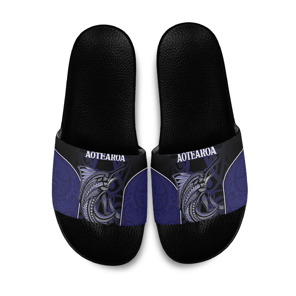 New Zealand Aotearoa Slide Sandals Blue Marlin Fishing Maori Pattern