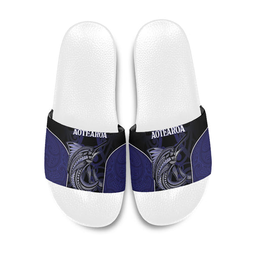 New Zealand Aotearoa Slide Sandals Blue Marlin Fishing Maori Pattern
