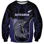 Personalised New Zealand Aotearoa Sweatshirt Blue Marlin Fishing Maori Pattern