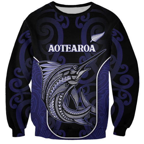 Personalised New Zealand Aotearoa Sweatshirt Blue Marlin Fishing Maori Pattern