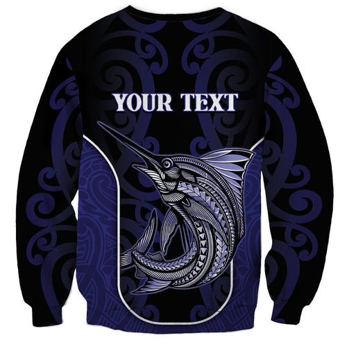 Personalised New Zealand Aotearoa Sweatshirt Blue Marlin Fishing Maori Pattern
