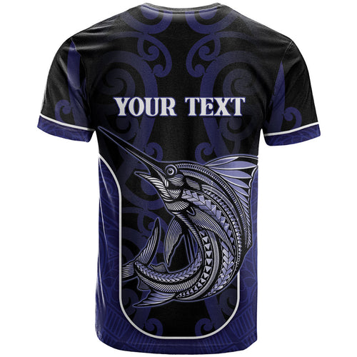 Personalised New Zealand Aotearoa T Shirt Blue Marlin Fishing Maori Pattern