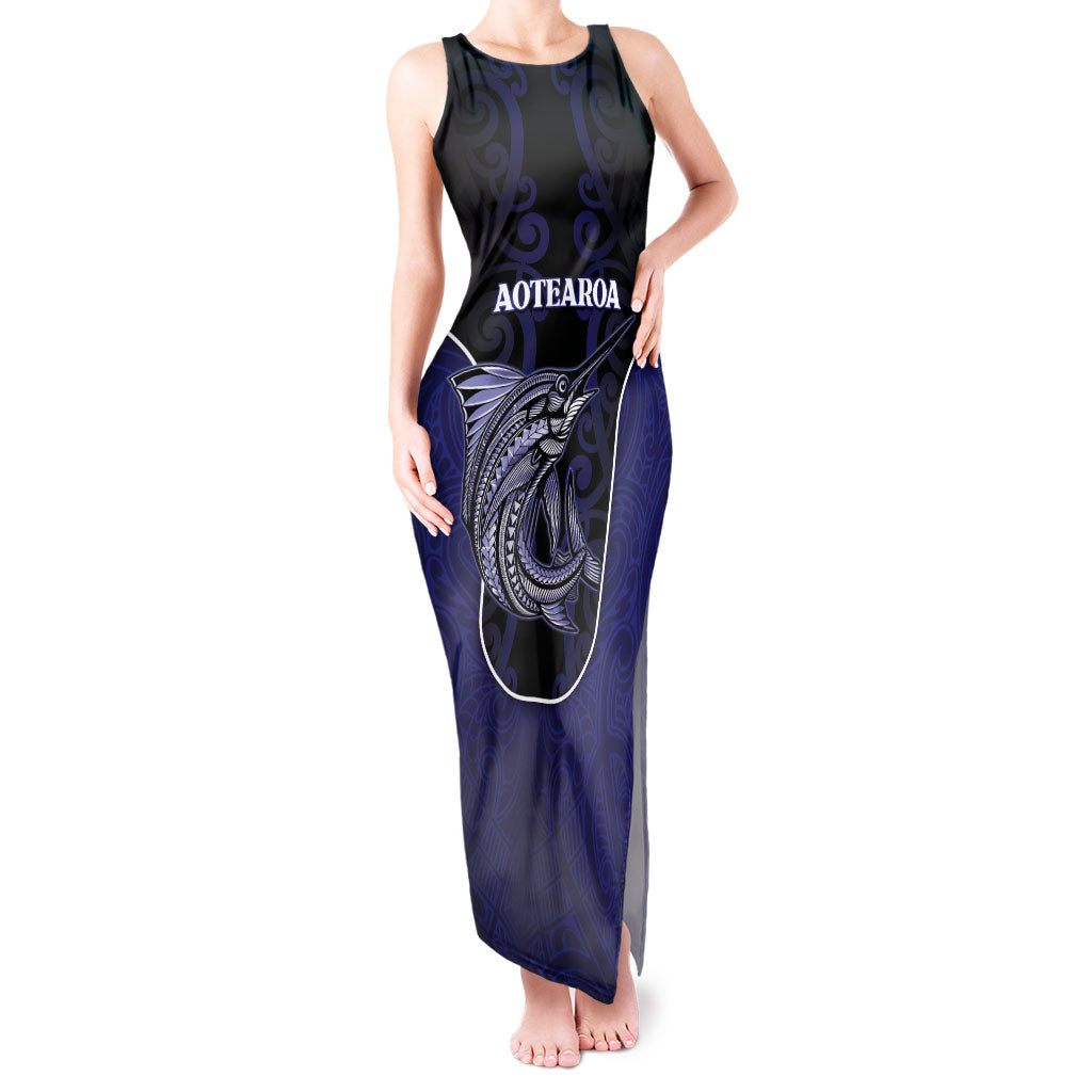 Personalised New Zealand Aotearoa Tank Maxi Dress Blue Marlin Fishing Maori Pattern
