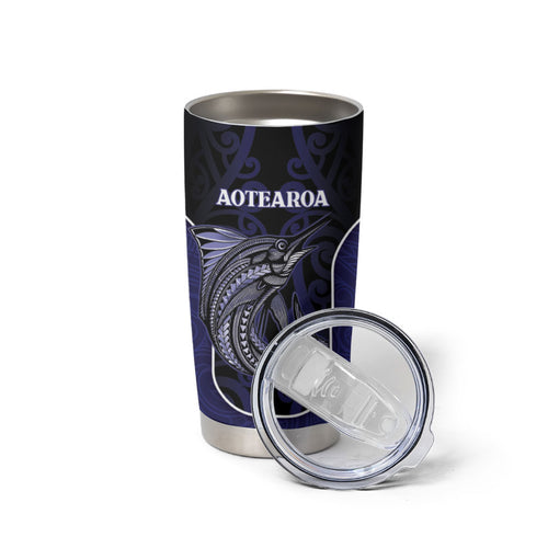 Personalised New Zealand Aotearoa Tumbler Cup Blue Marlin Fishing Maori Pattern