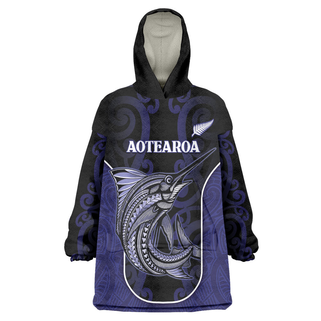 Personalised New Zealand Aotearoa Wearable Blanket Hoodie Blue Marlin Fishing Maori Pattern