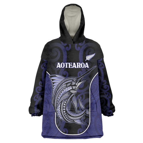 Personalised New Zealand Aotearoa Wearable Blanket Hoodie Blue Marlin Fishing Maori Pattern