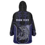 Personalised New Zealand Aotearoa Wearable Blanket Hoodie Blue Marlin Fishing Maori Pattern