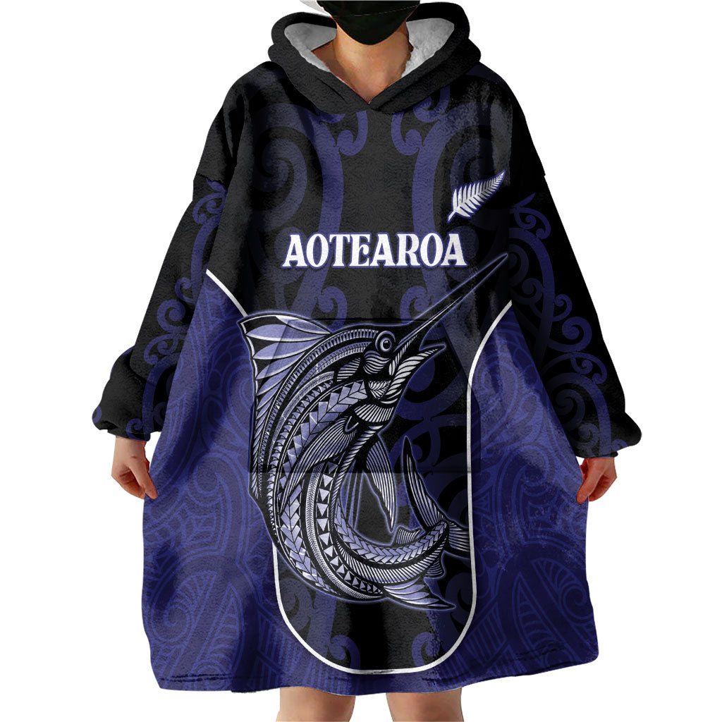 Personalised New Zealand Aotearoa Wearable Blanket Hoodie Blue Marlin Fishing Maori Pattern