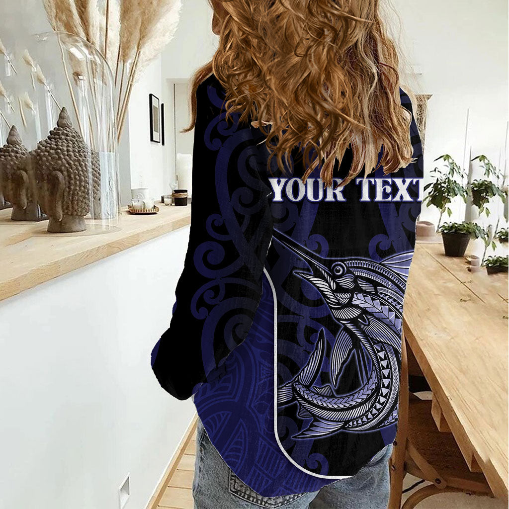Personalised New Zealand Aotearoa Women Casual Shirt Blue Marlin Fishing Maori Pattern