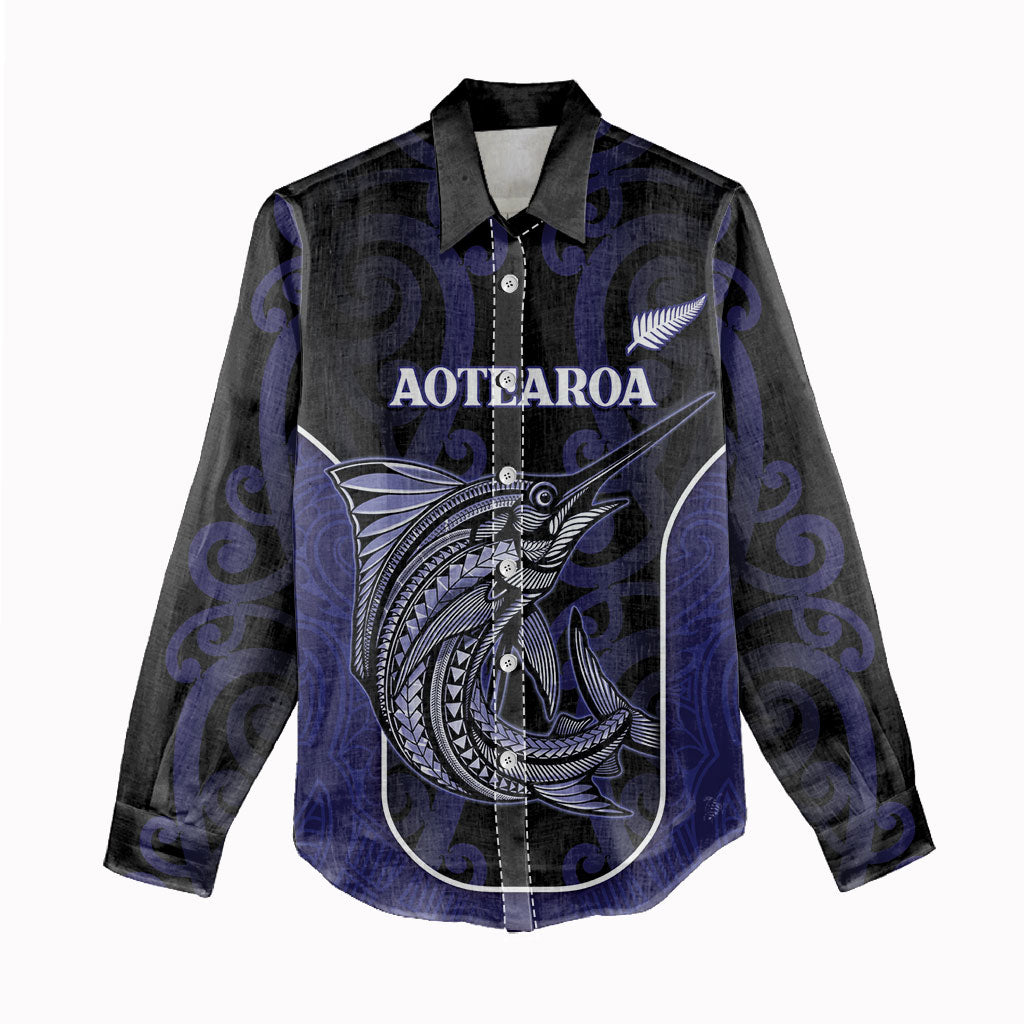 Personalised New Zealand Aotearoa Women Casual Shirt Blue Marlin Fishing Maori Pattern