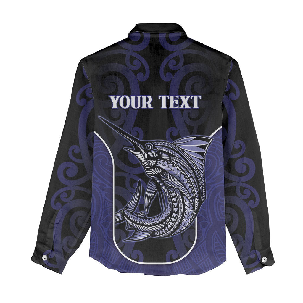 Personalised New Zealand Aotearoa Women Casual Shirt Blue Marlin Fishing Maori Pattern