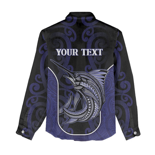 Personalised New Zealand Aotearoa Women Casual Shirt Blue Marlin Fishing Maori Pattern