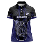 Personalised New Zealand Aotearoa Women Polo Shirt Blue Marlin Fishing Maori Pattern