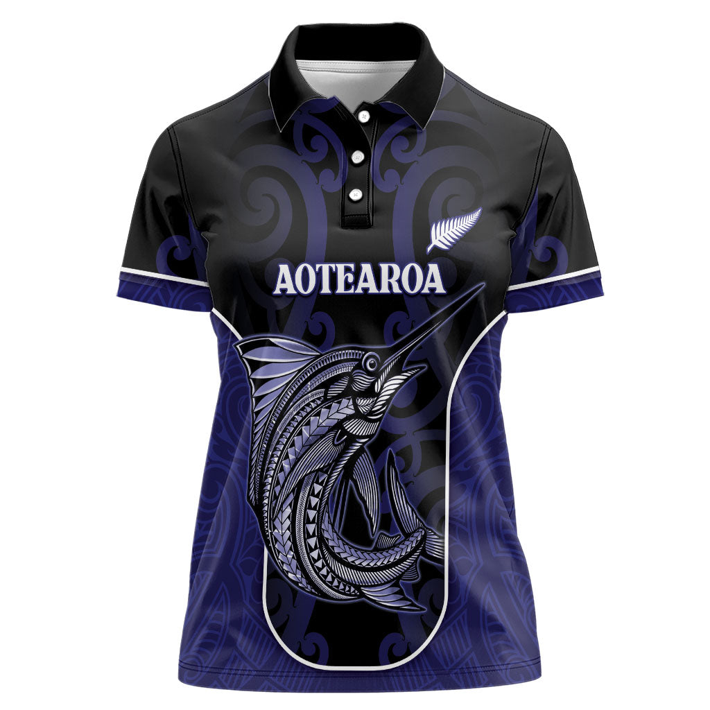Personalised New Zealand Aotearoa Women Polo Shirt Blue Marlin Fishing Maori Pattern