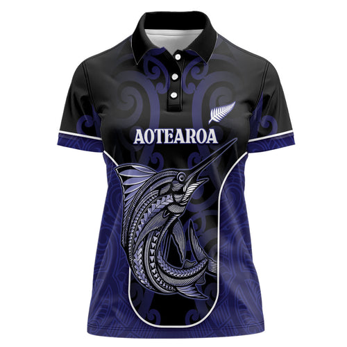 Personalised New Zealand Aotearoa Women Polo Shirt Blue Marlin Fishing Maori Pattern
