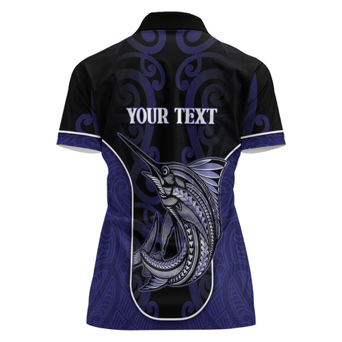 Personalised New Zealand Aotearoa Women Polo Shirt Blue Marlin Fishing Maori Pattern