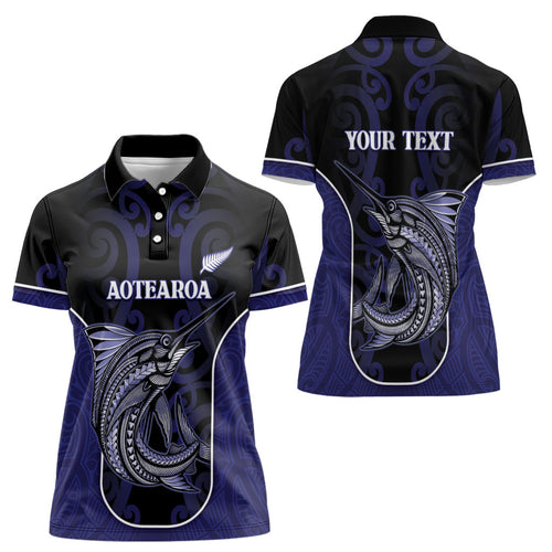 Personalised New Zealand Aotearoa Women Polo Shirt Blue Marlin Fishing Maori Pattern